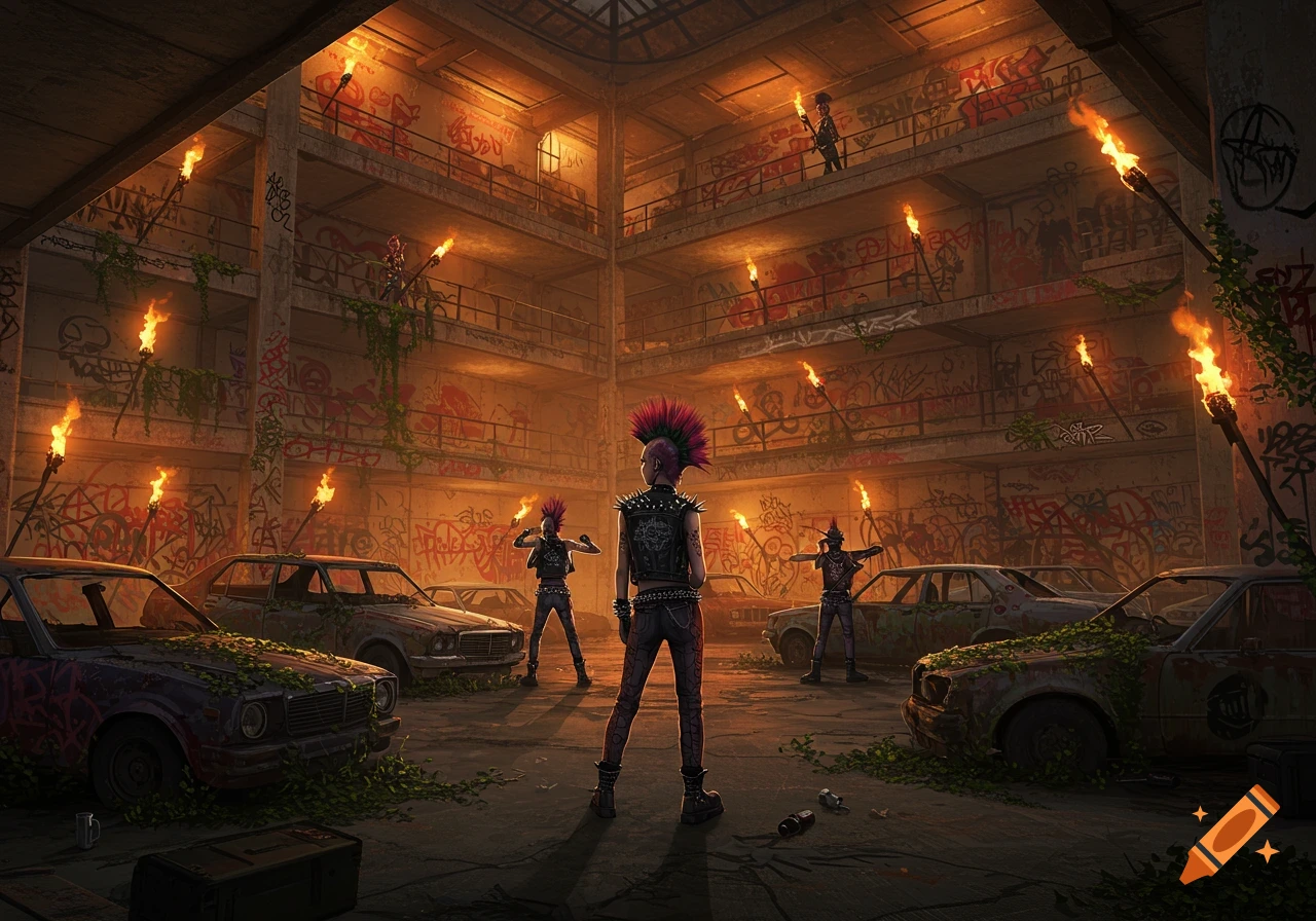 Punk figures stand in a torch-lit, graffiti-covered abandoned parking lot with overgrown derelict cars. Dark, gritty atmosphere.