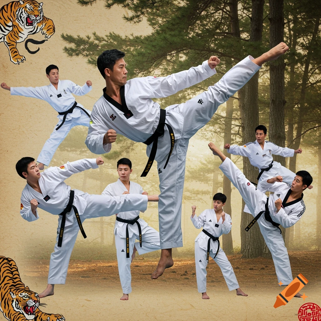 A collage featuring multiple Asian men in white Taekwondo uniforms performing various kicks and stances, set against a forest background. Cartoon tigers are in the corners.