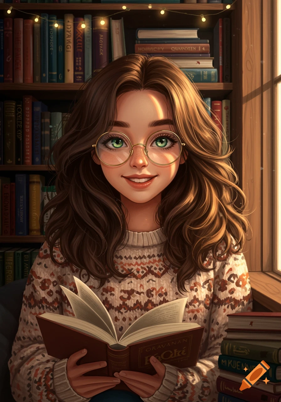 A cute illustrated girl with wavy brown hair, emerald eyes, and round glasses smiles while reading a book in front of a bookshelf.