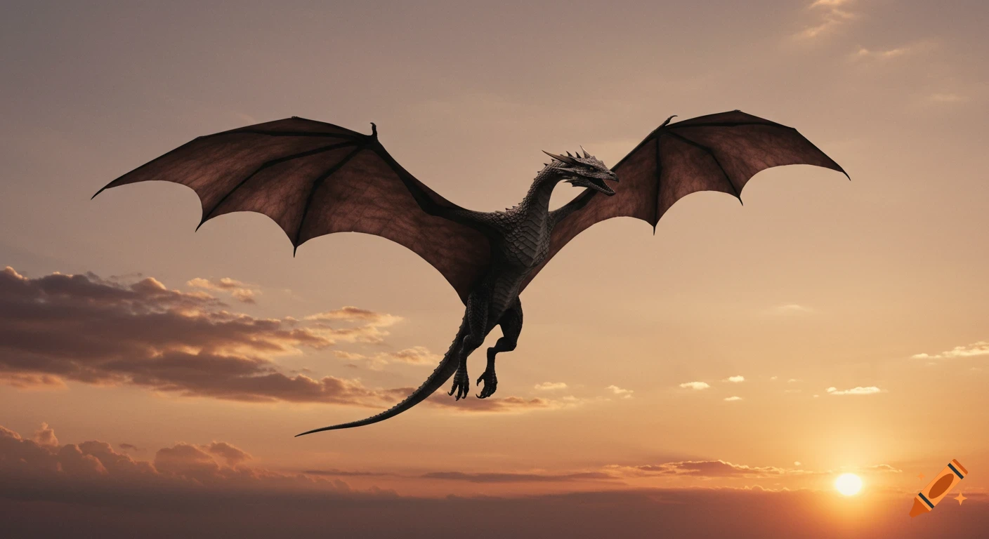 A photorealistic wyvern with large wings soars across a vibrant sunset sky with scattered clouds.
