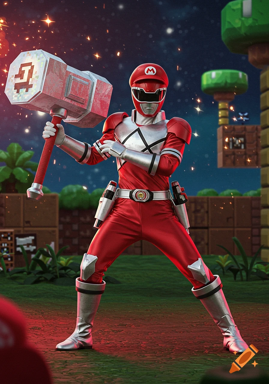 A Red Power Ranger wearing a Mario cap holds a large pixelated hammer in a Super Mario Bros. themed landscape at night.