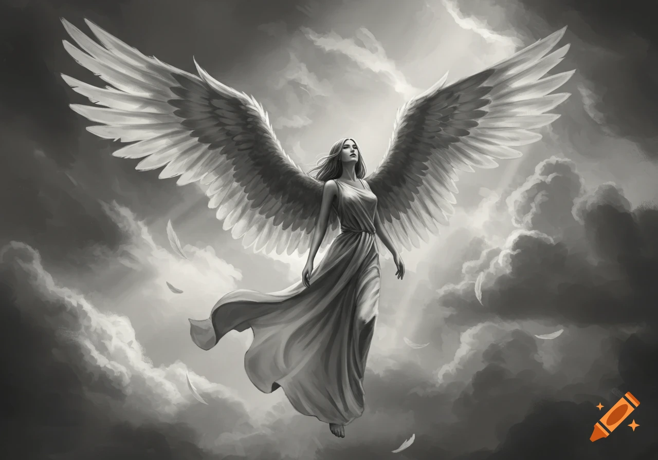 Black and white illustration of an angel with large wings and a flowing gown, floating gracefully amidst dramatic clouds with falling feathers.