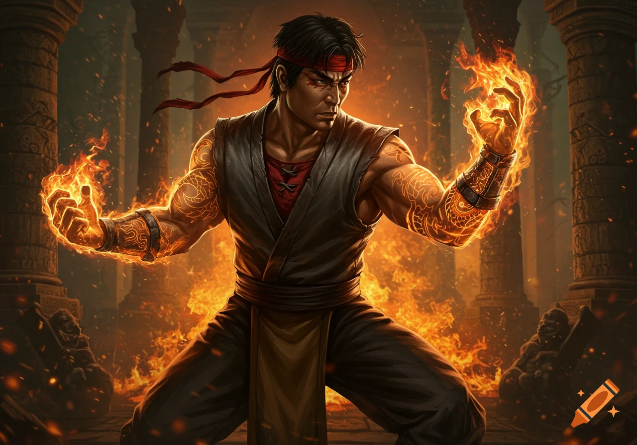 Liu Kang from Mortal Kombat in a fighting stance, his hands engulfed in fire, in an ancient temple.
