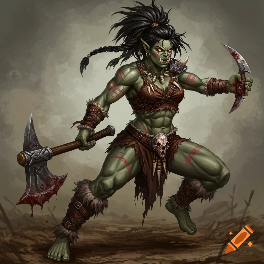 A fierce green-skinned female orc berserker with an axe and a knife, in a battle-ready pose in a barren landscape.