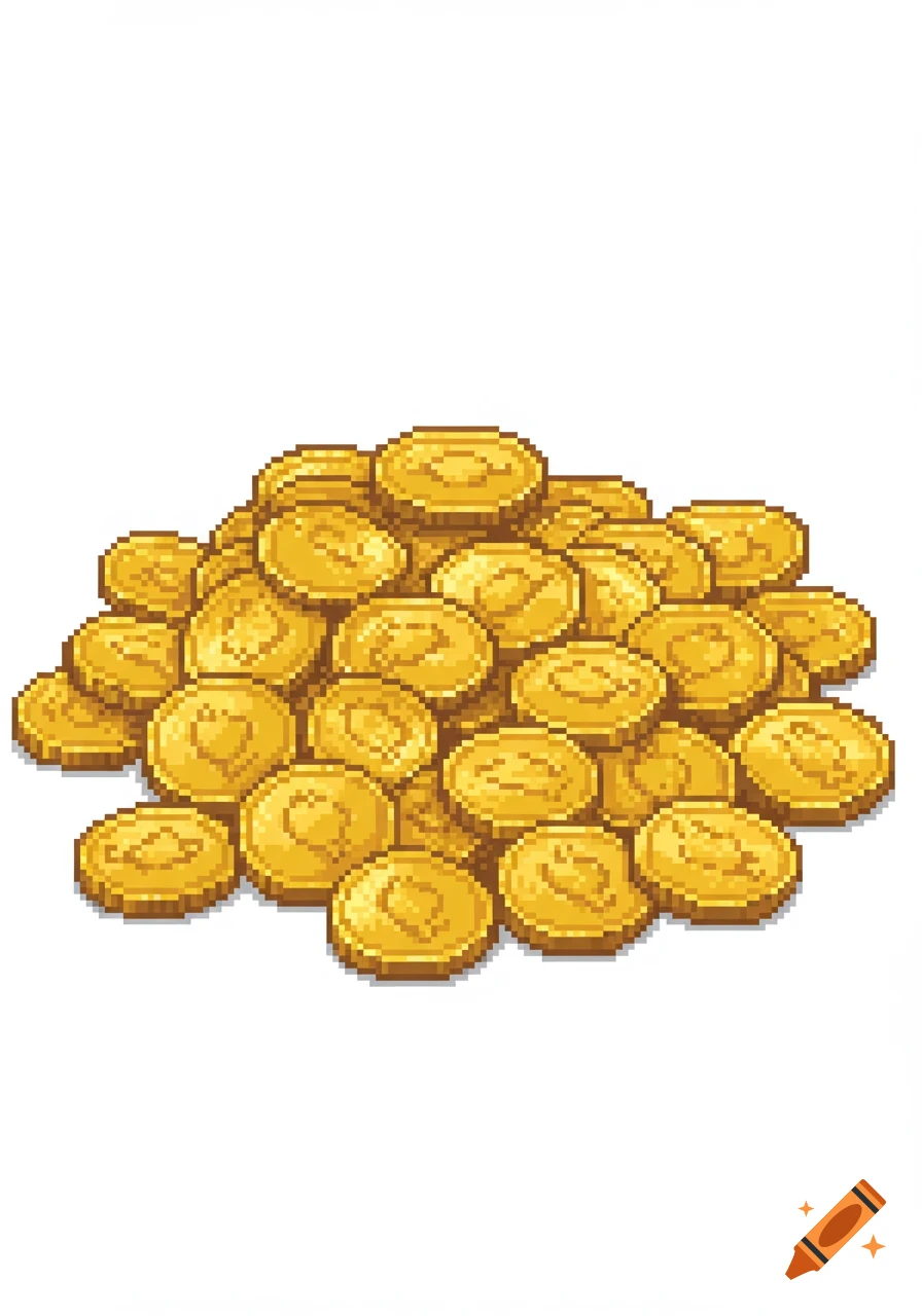 A 2D pixel art illustration of a large pile of shiny gold coins on a white background.