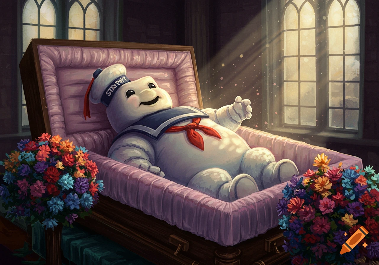 The Stay-Puft Marshmallow Man lies in a pink-lined coffin, surrounded by flowers, with light streaming from a window.