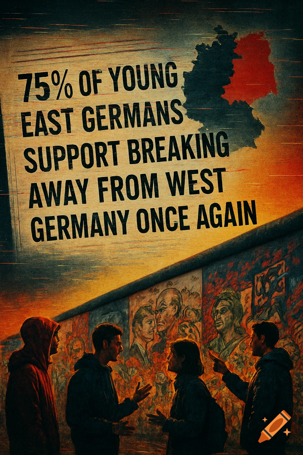 Vintage-style political poster with a headline about East Germans, a map of Germany, and people near a painted wall.