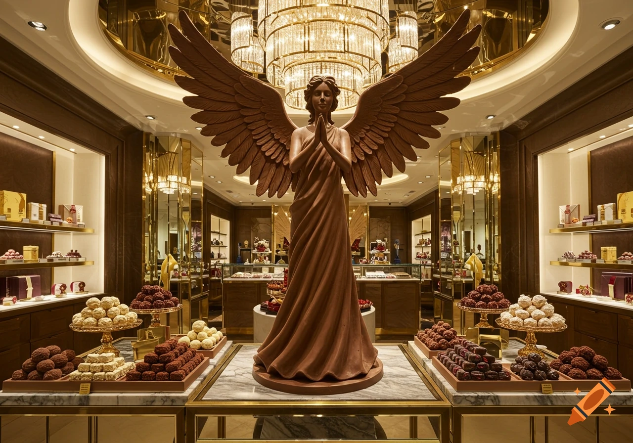 A grand chocolate shop features a large, detailed chocolate angel sculpture surrounded by trays of various exquisite chocolates.