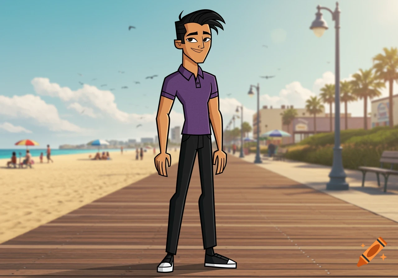 Cartoon male character with black hair in a purple polo shirt and black trousers, standing on a boardwalk at a sunny beach.