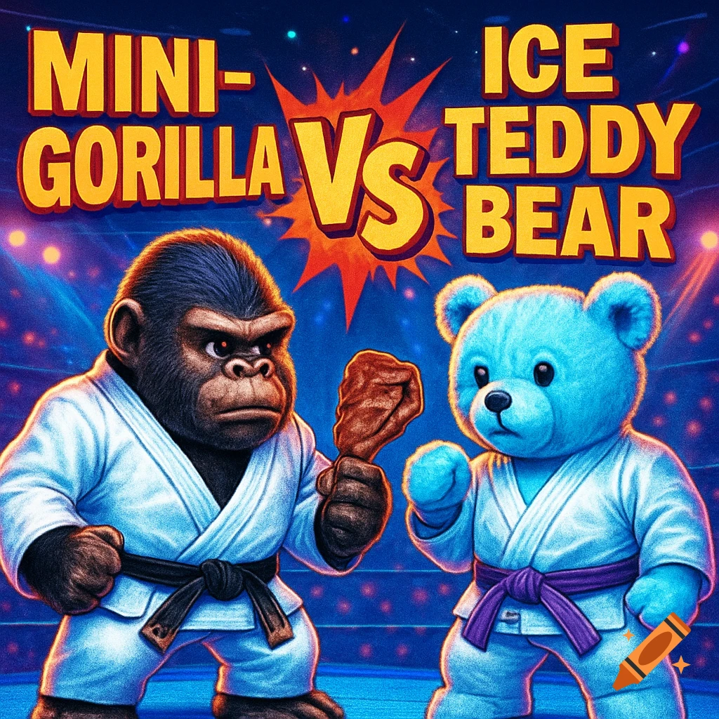 Cartoon fight poster: a serious gorilla in a white kimono and black belt holds a piece of meat, facing a blue teddy bear in a white kimono and purple belt. Text reads 'MINI-GORILLA VS ICE TEDDY BEAR'.