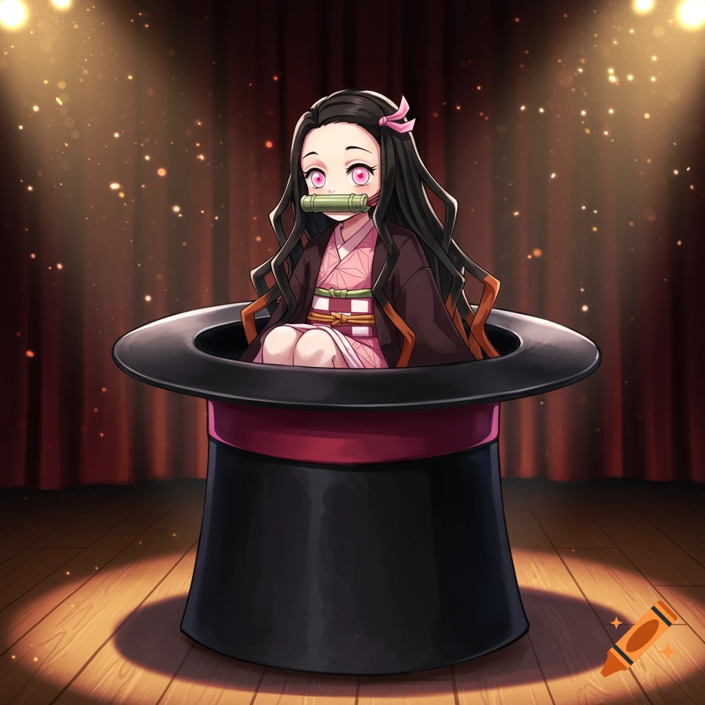 Nezuko from Demon Slayer, with a bamboo muzzle, sitting inside a black top hat on a stage with red curtains.