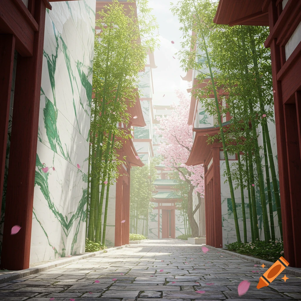 A fantasy city street with marble buildings, redwood accents, and bamboo, under a bright sky with falling cherry blossoms.