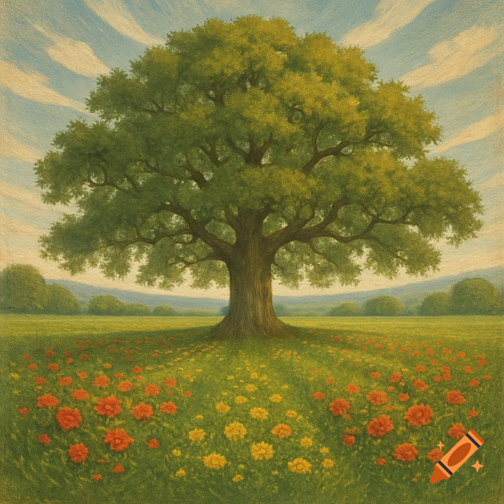 A large, verdant oak tree stands in a field of orange and yellow flowers under a blue sky with streaky clouds, in a drawing style.