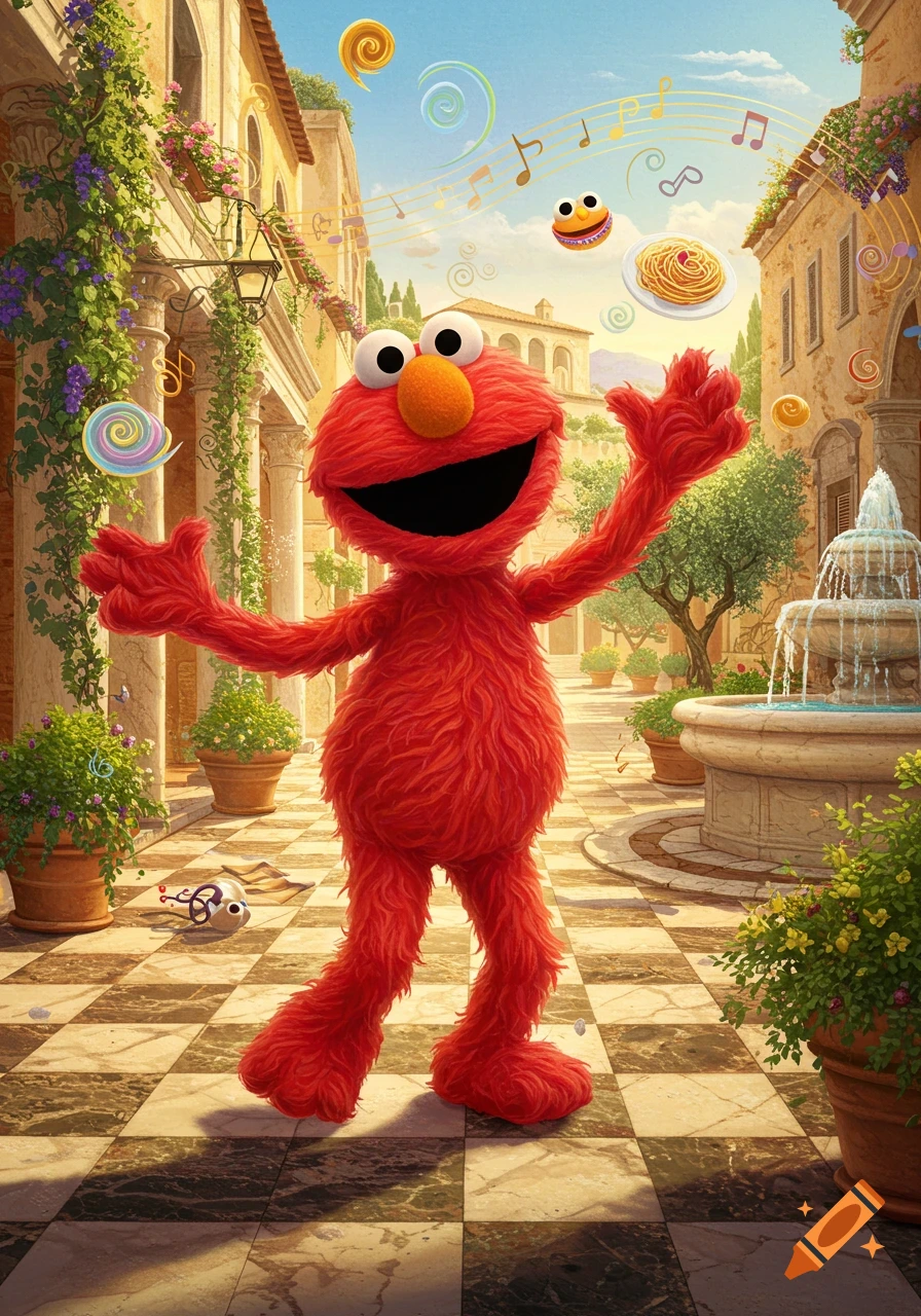 Red furry Elmo stands with open arms and a wide smile on a checkered patio in an Italian village street with musical notes and pasta.