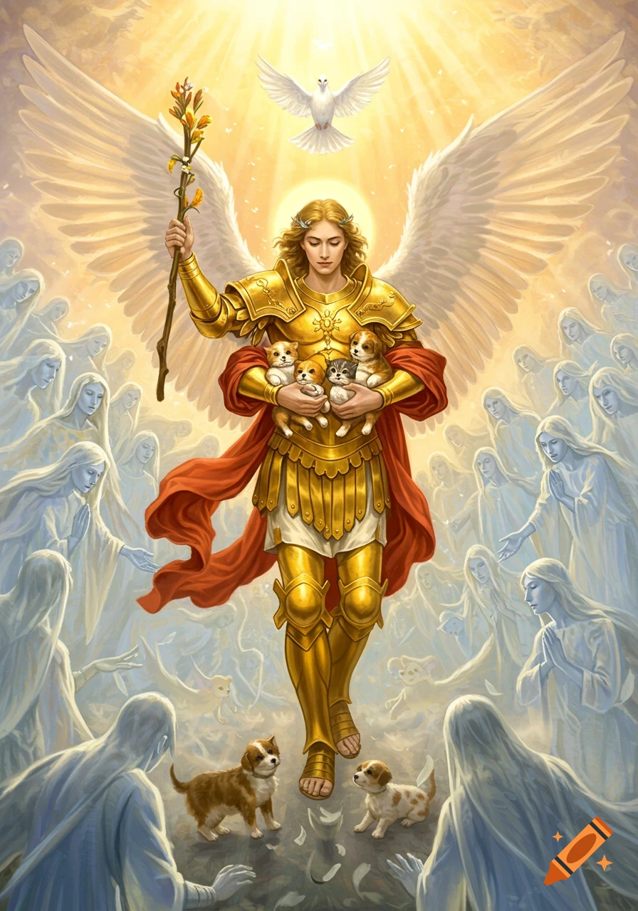 Archangel Michael, in golden armor and white wings, holds puppies and kittens, surrounded by ethereal spirits and a shining dove in heavenly light.