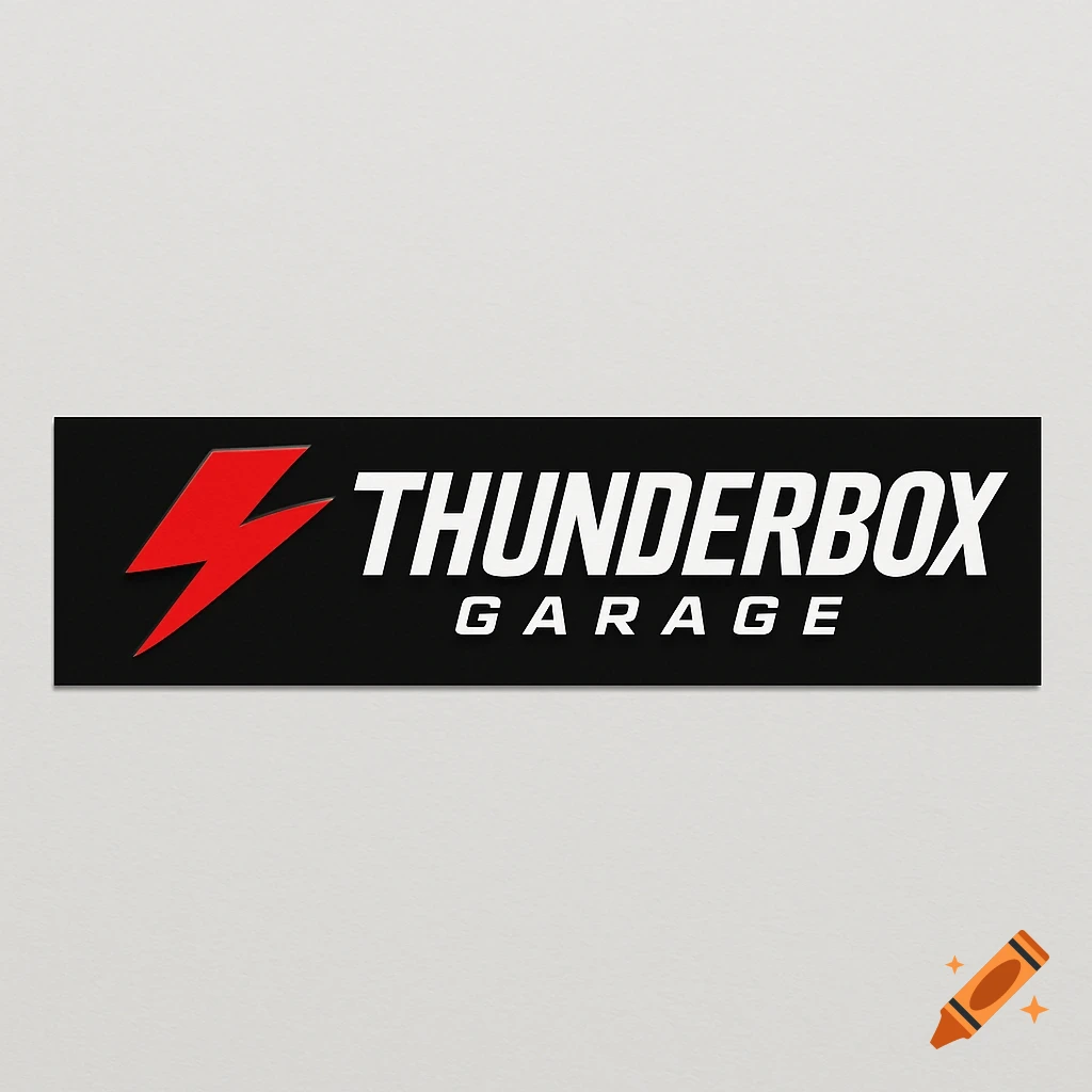 Black rectangular logo with a red lightning bolt and white text 'THUNDERBOX GARAGE'.