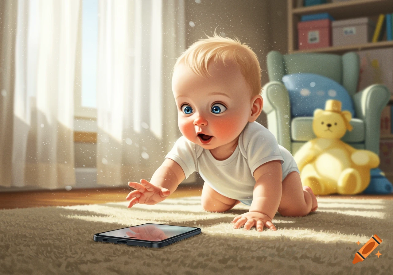 A cute baby with blonde hair crawls on a rug towards a smartphone, bathed in sunlight, with a teddy bear in the background.