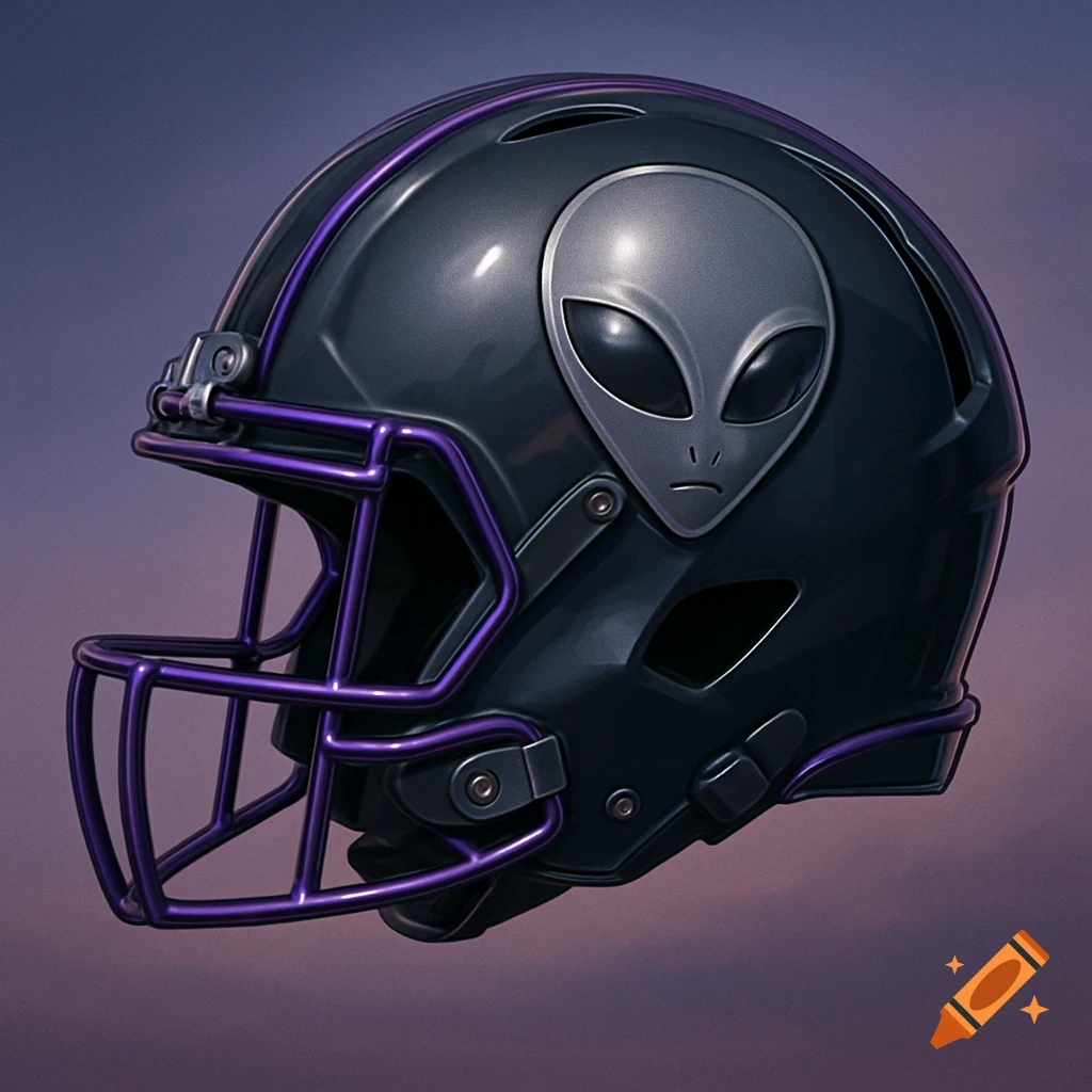 A dark grey football helmet with a silver alien head logo and purple trim.