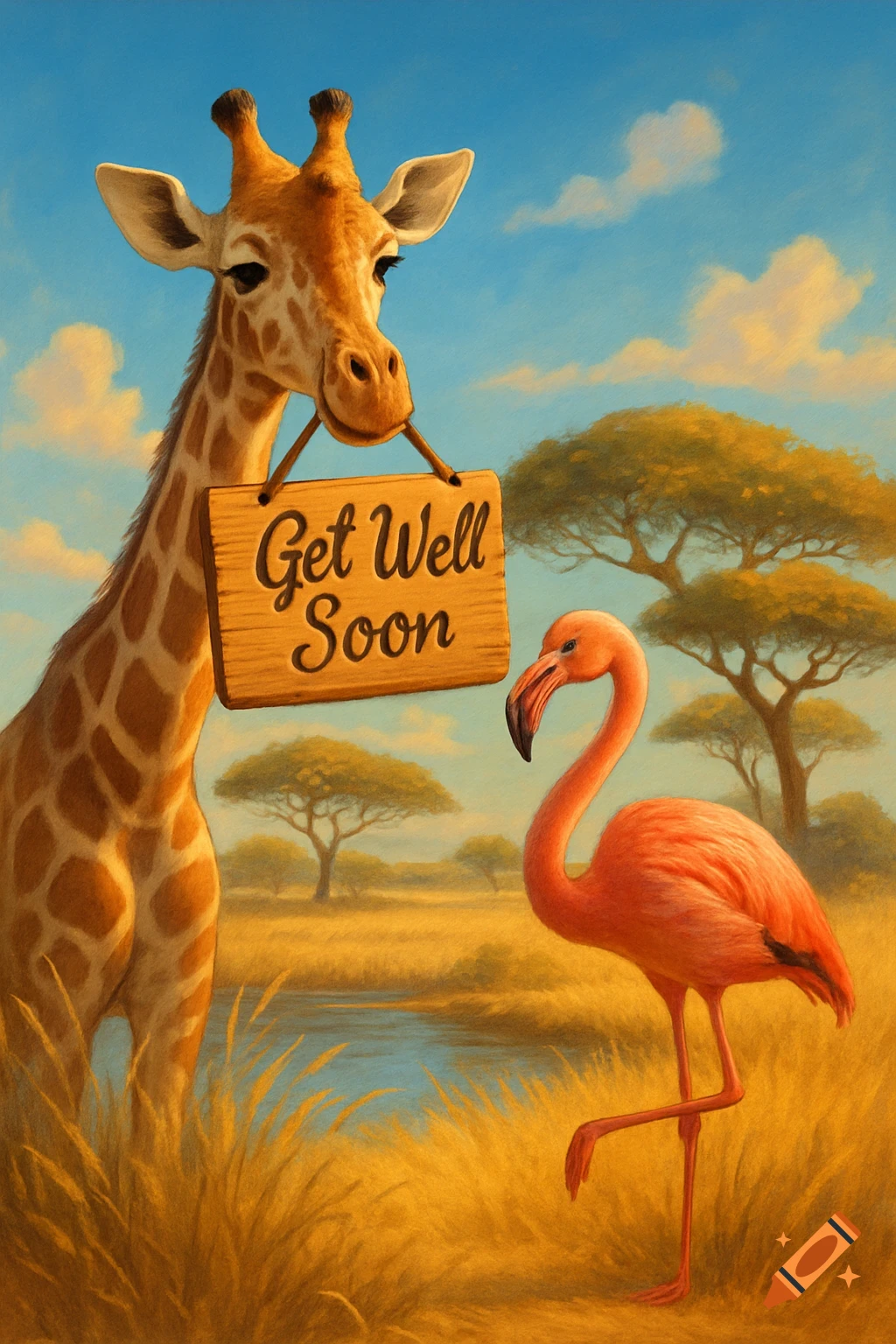 An illustration of a giraffe holding a 'Get Well Soon' sign with a flamingo in a golden savanna landscape.