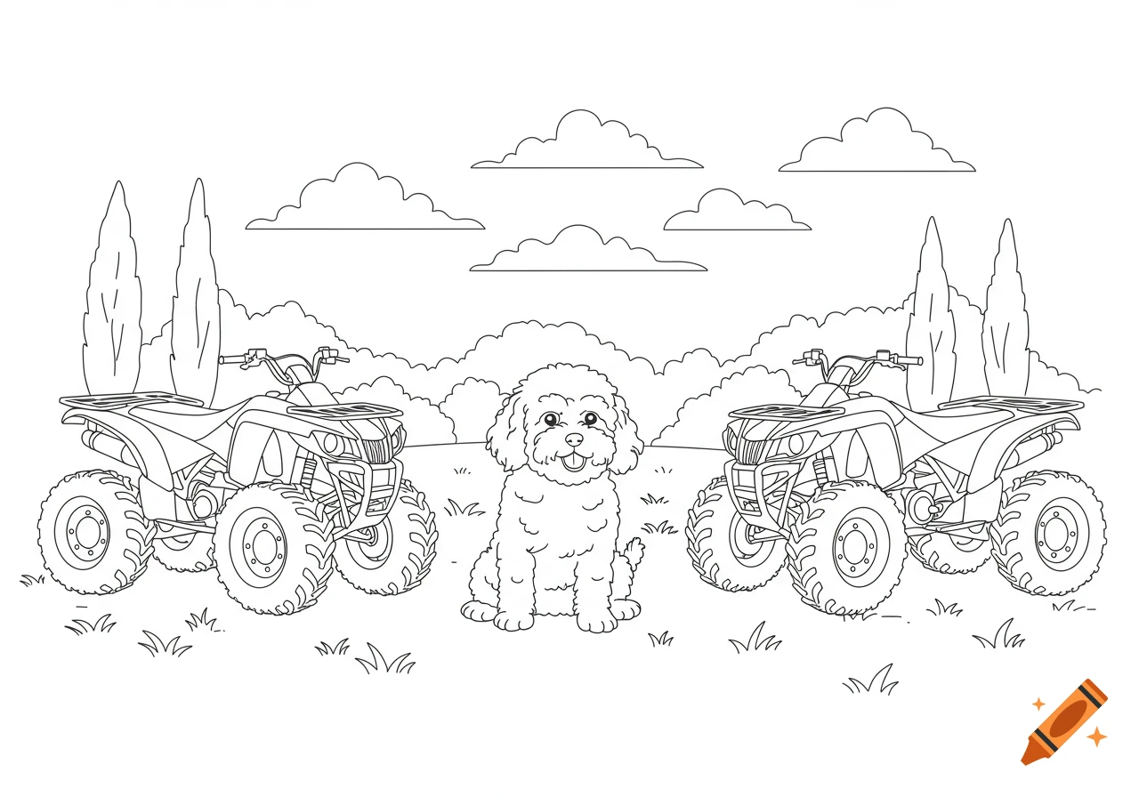 A black and white line art coloring page of a happy cockapoo puppy sitting between two four-wheelers in a grassy field.