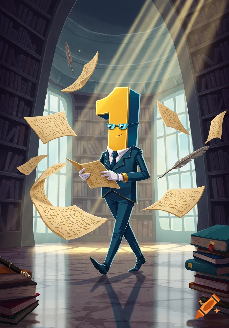 A personified number '1' in a suit and glasses reads a document while walking through a grand library, surrounded by floating pages.