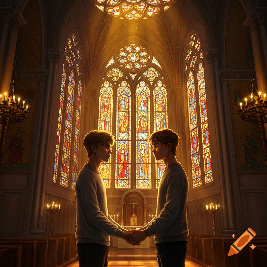 Two men hold hands in a grand church with illuminated stained glass windows, light rays streaming from above.