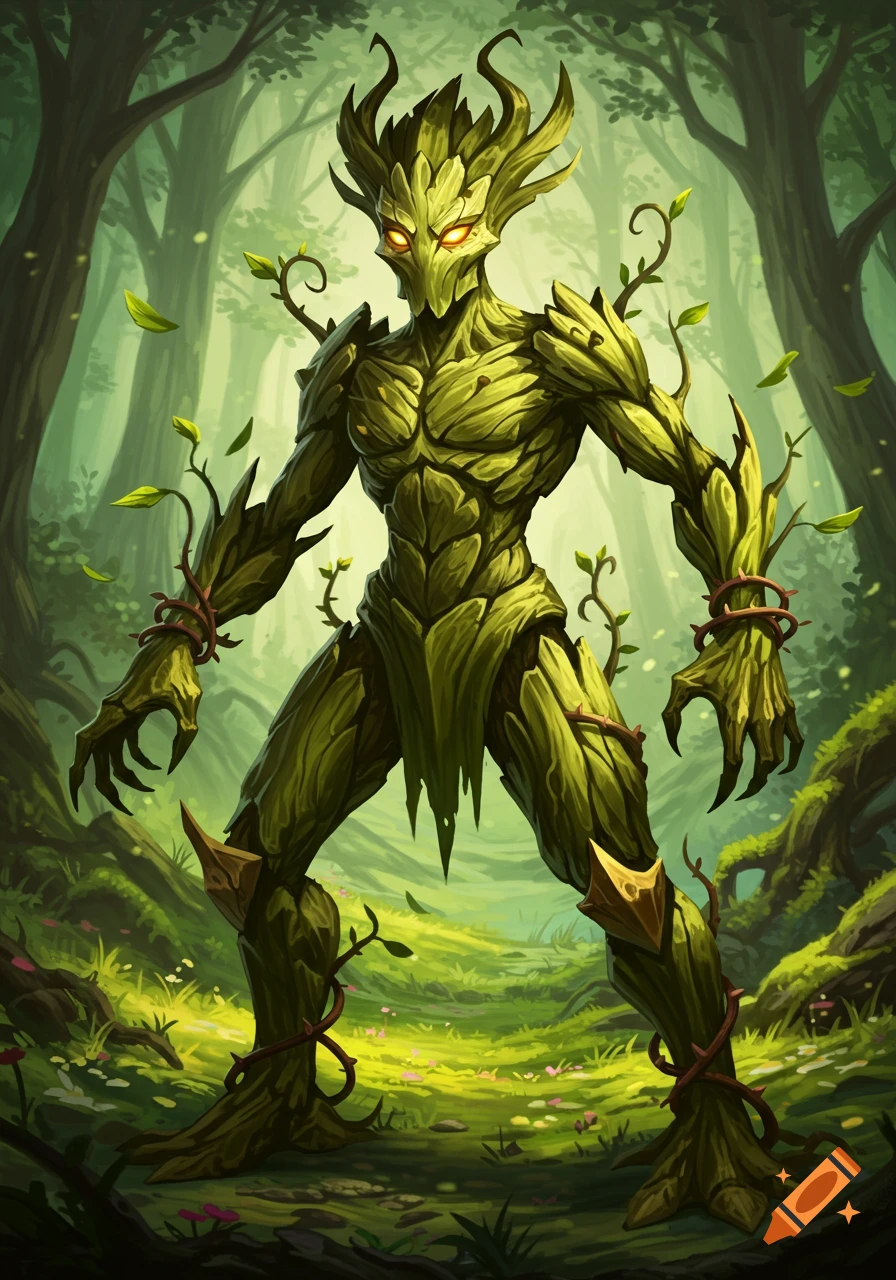A detailed portrait of a plant humanoid warrior with green bark skin, entwined vines, sharp thorns, and amber glowing eyes, standing in a lush, green forest.