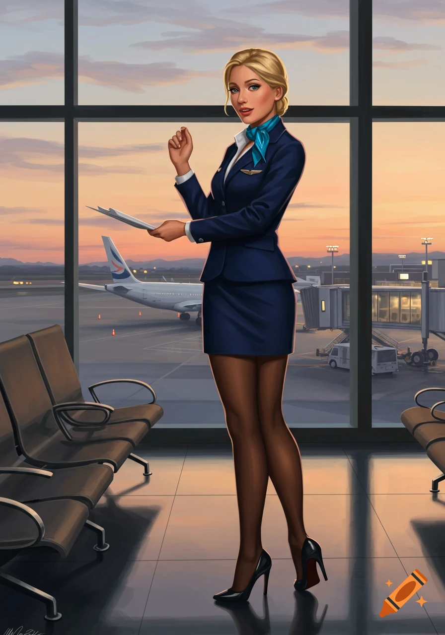 Illustrated blonde flight attendant in uniform standing in an airport terminal at sunset.