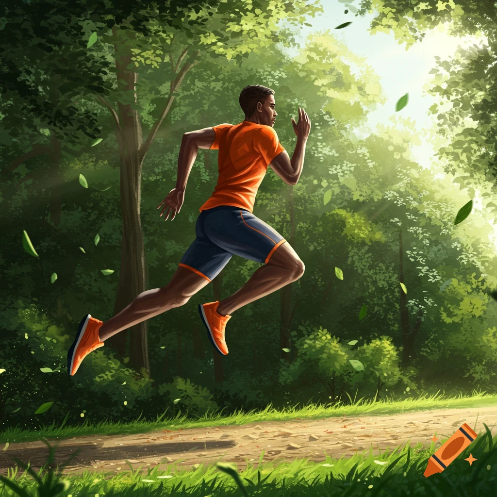 A man in an orange shirt and blue shorts runs through a lush, sunlit forest with leaves falling.