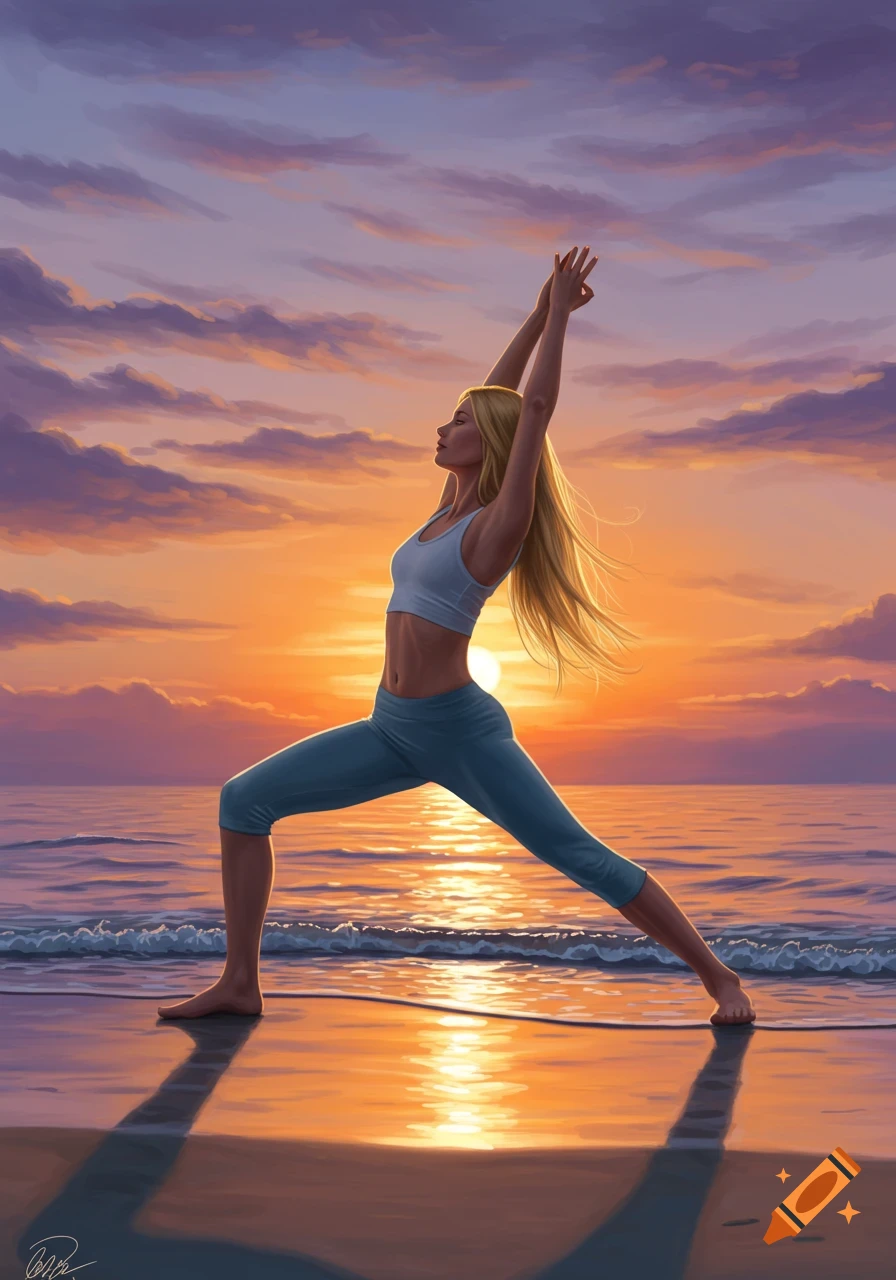 A blonde woman in athletic wear performs a yoga pose on a beach at sunset, digital art style.