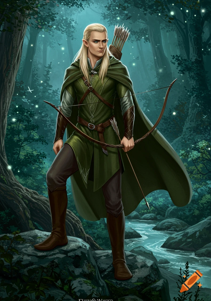 A blonde male elf in green and brown attire holds a bow, standing on rocks by a stream in a mystical forest.