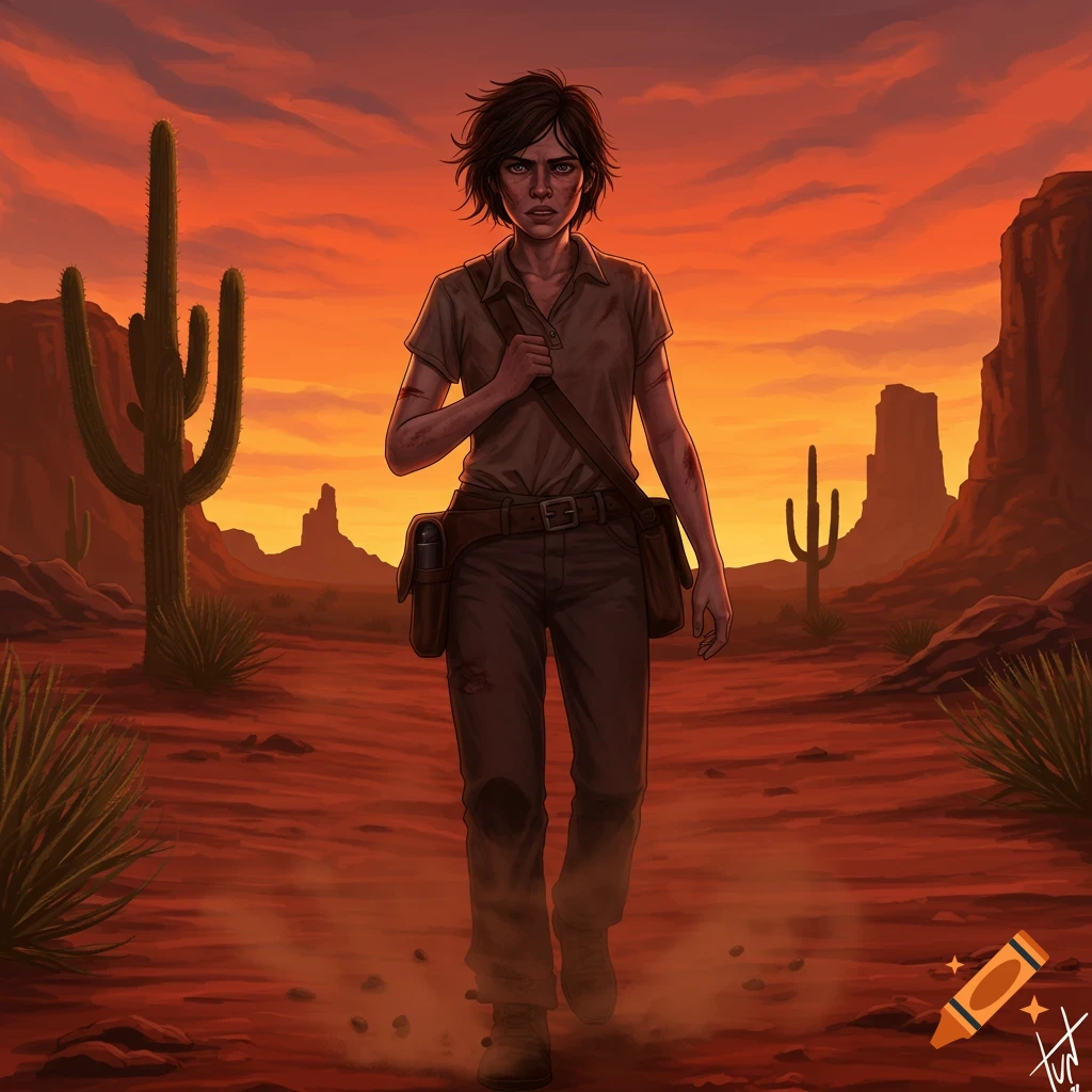 A brown-haired woman in a collared shirt and pants walks through a desert landscape at sunset, carrying a shoulder bag. Digital art.