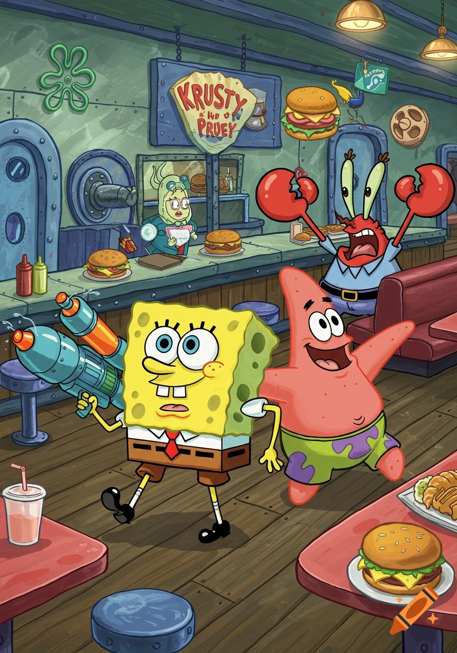 SpongeBob and Patrick with water guns at the Krusty Krab, Mr. Krabs is scared. Cartoon style.