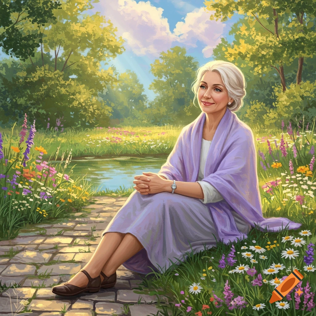 An older woman in a purple dress and shawl sits on a stone path in a vibrant, flowery garden by a pond, illustration.