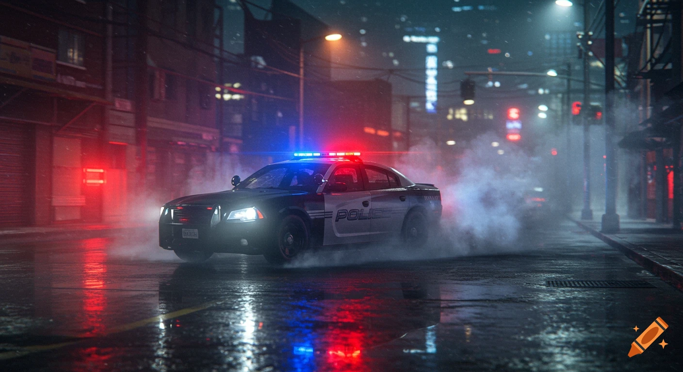 A photorealistic police car with flashing lights peeling out on a wet, rainy city street at night, with reflections on the asphalt.