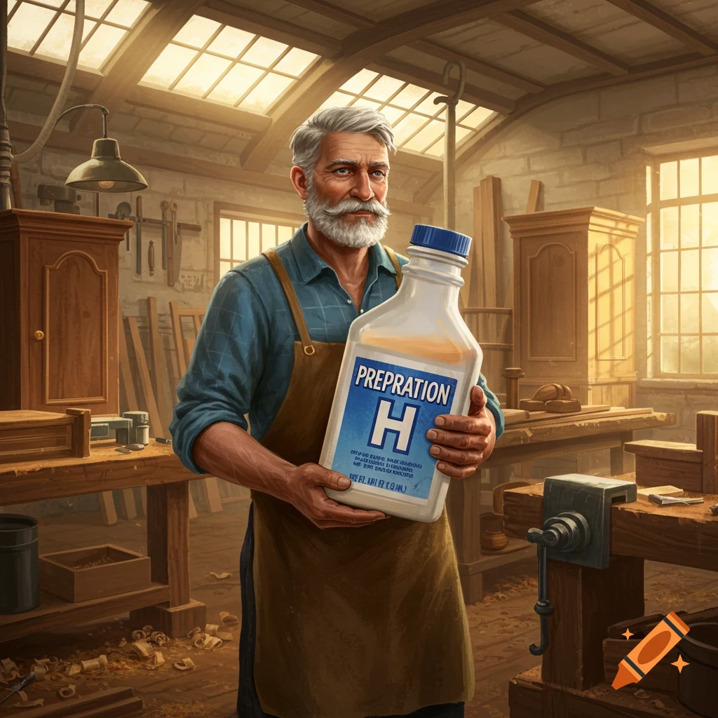 An older man with a white beard and apron stands in a rustic woodworking shop, holding a large bottle labeled 'Preparation H'.