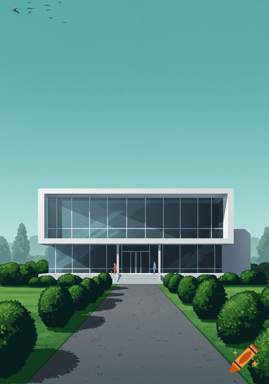 A modern, white, boxy building with large glass panels, surrounded by neatly trimmed green bushes, and a paved path leading to the entrance under a teal sky with birds.