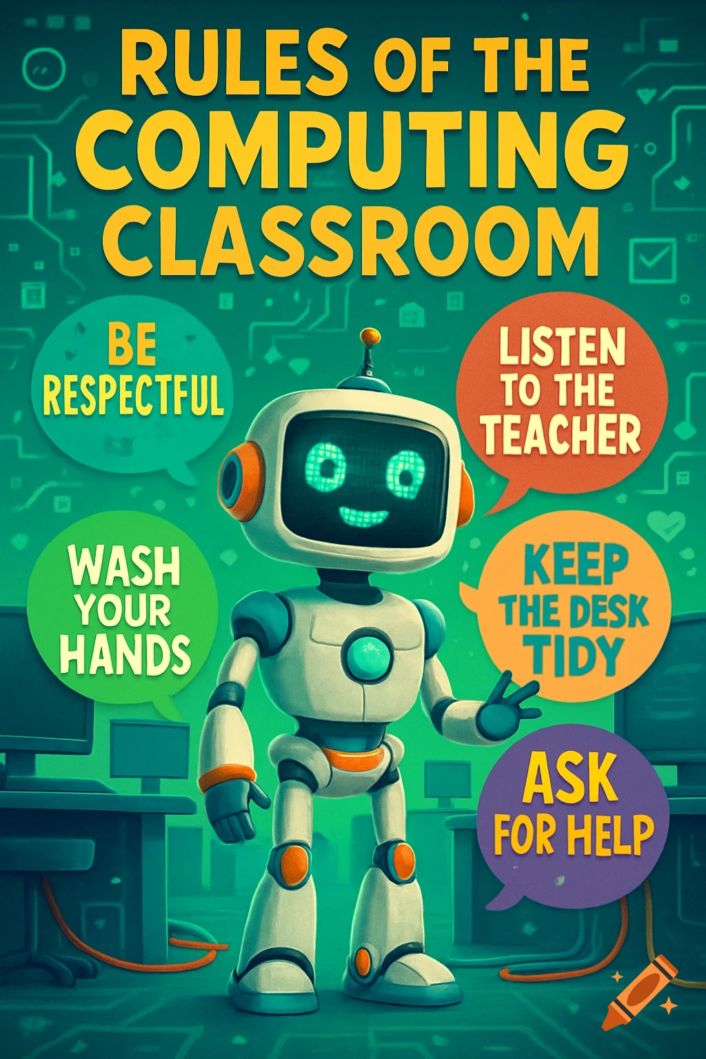 Cartoon poster of a friendly robot in a computing classroom, displaying rules like 'Be Respectful' and 'Wash Your Hands'.