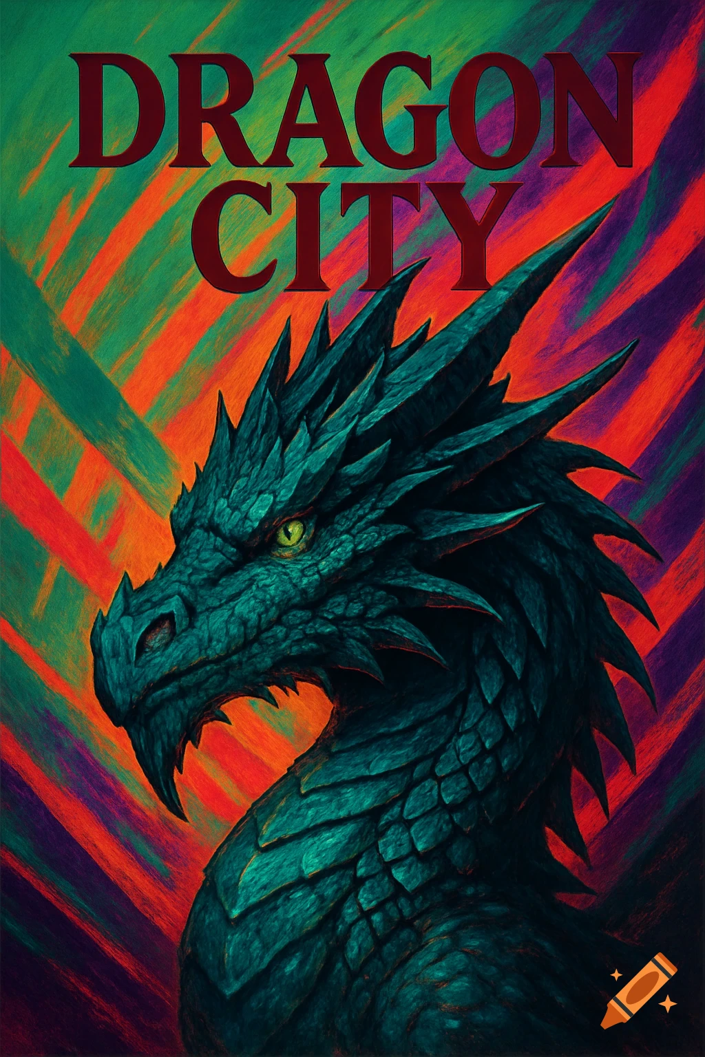 A green dragon head with a yellow eye against a vibrant, abstract background. Red text reads 'DRAGON CITY' above.