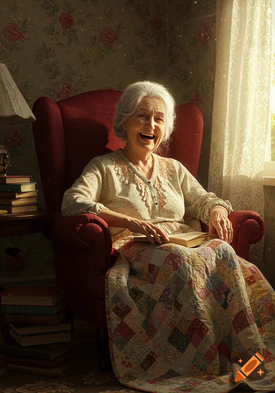 An elderly woman with white hair laughs happily in a red armchair, holding a book with a colorful quilt, bathed in warm sunlight.