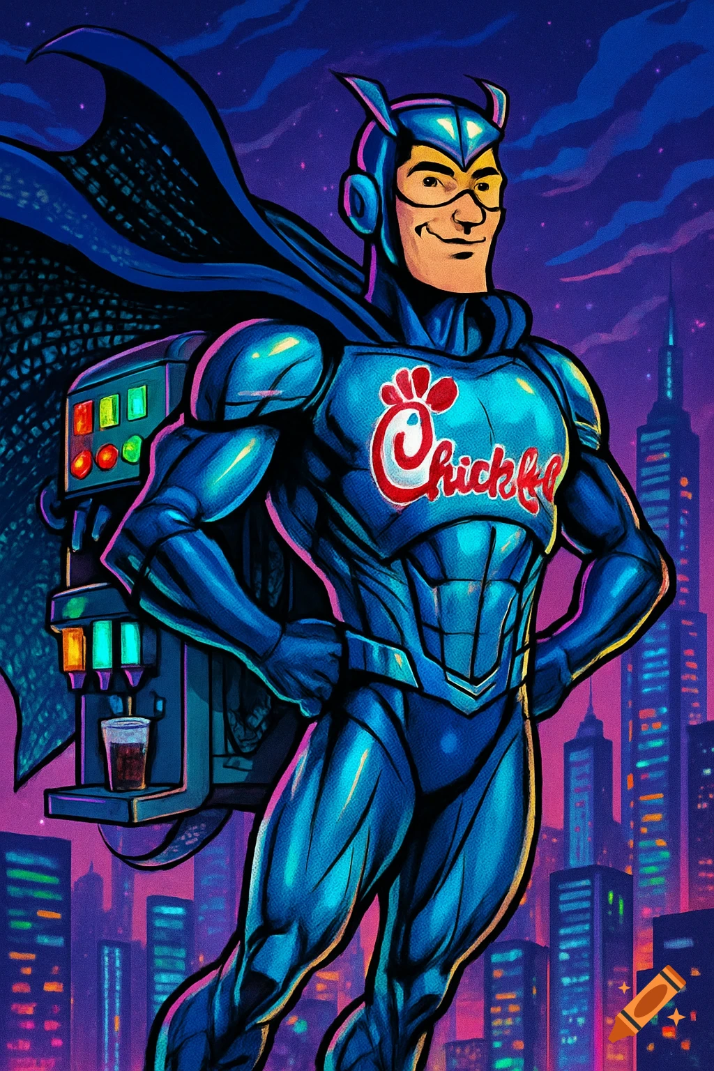 A blue superhero with a Chick-fil-A logo on his chest and a soda dispenser on his back, standing against a futuristic city skyline in vibrant comic art style.