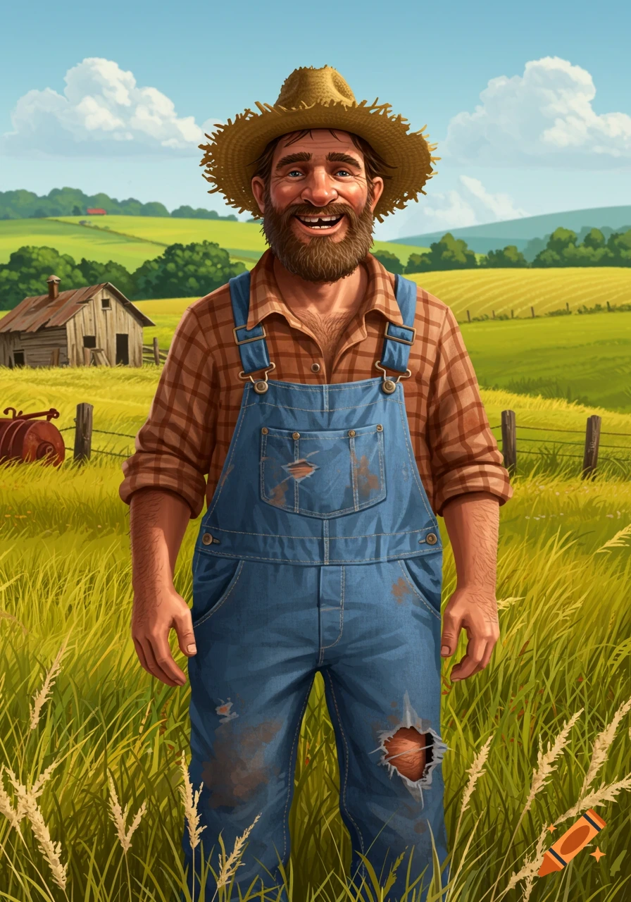 A cheerful, bearded farmer in a straw hat and blue overalls stands in a sunny field, smiling with missing teeth. A rustic barn and green hills are in the background.