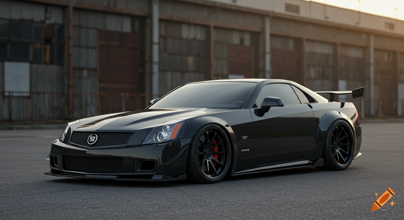 A photorealistic image of a black Cadillac XLR-V with a widebody kit and large rear spoiler, parked on asphalt in front of a weathered industrial building.