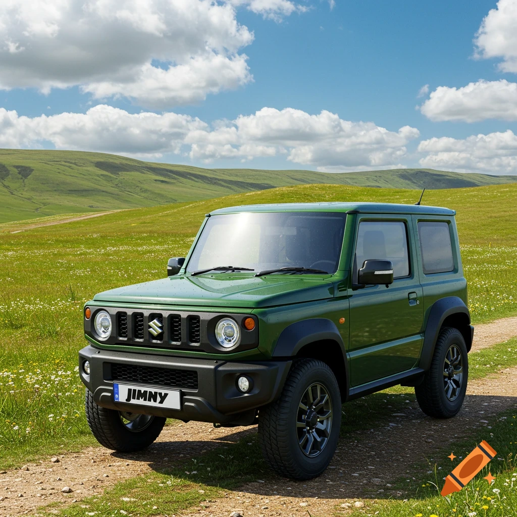 A green Suzuki Jimny SUV parked on a dirt road in a lush, green, hilly landscape under a blue sky with white clouds.