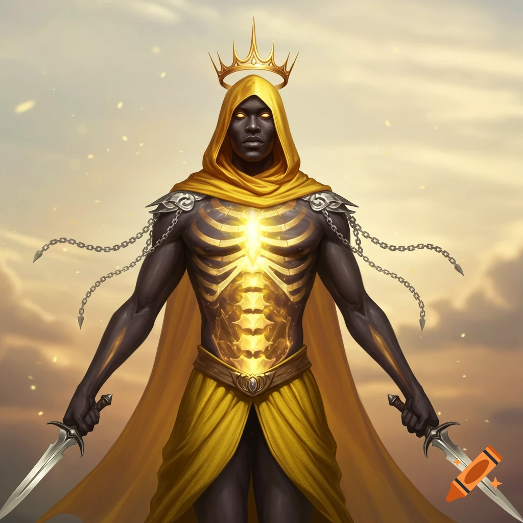 Dark-skinned hooded figure with glowing eyes, golden skeletal torso, and floating crown, holding two silver daggers against a golden sky.