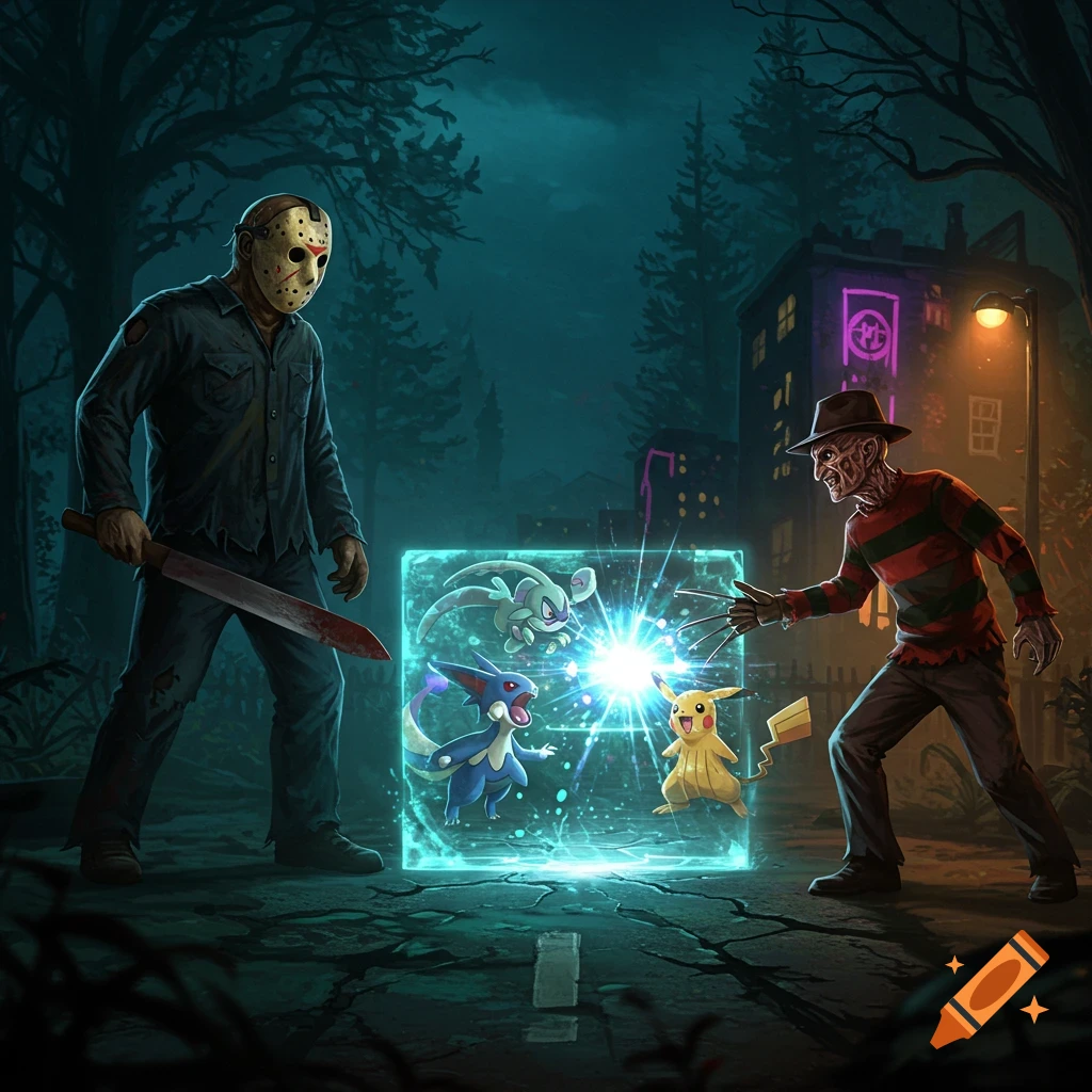 Jason Voorhees and Freddy Krueger face off, looking at a glowing cube with Pikachu and other Pok esmon in a dark, eerie street.