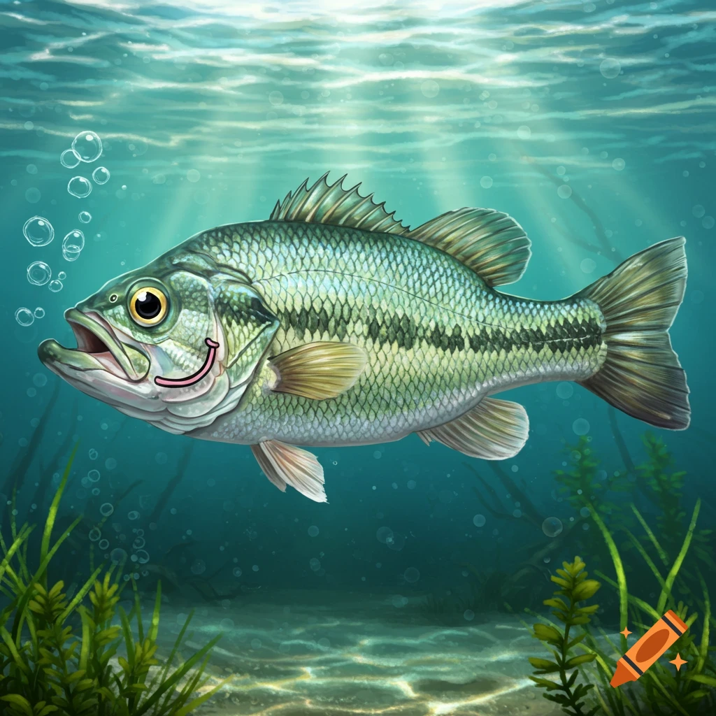 A realistic bass fish with a pink drawn smiley face on its side swims underwater amidst bubbles and aquatic plants.
