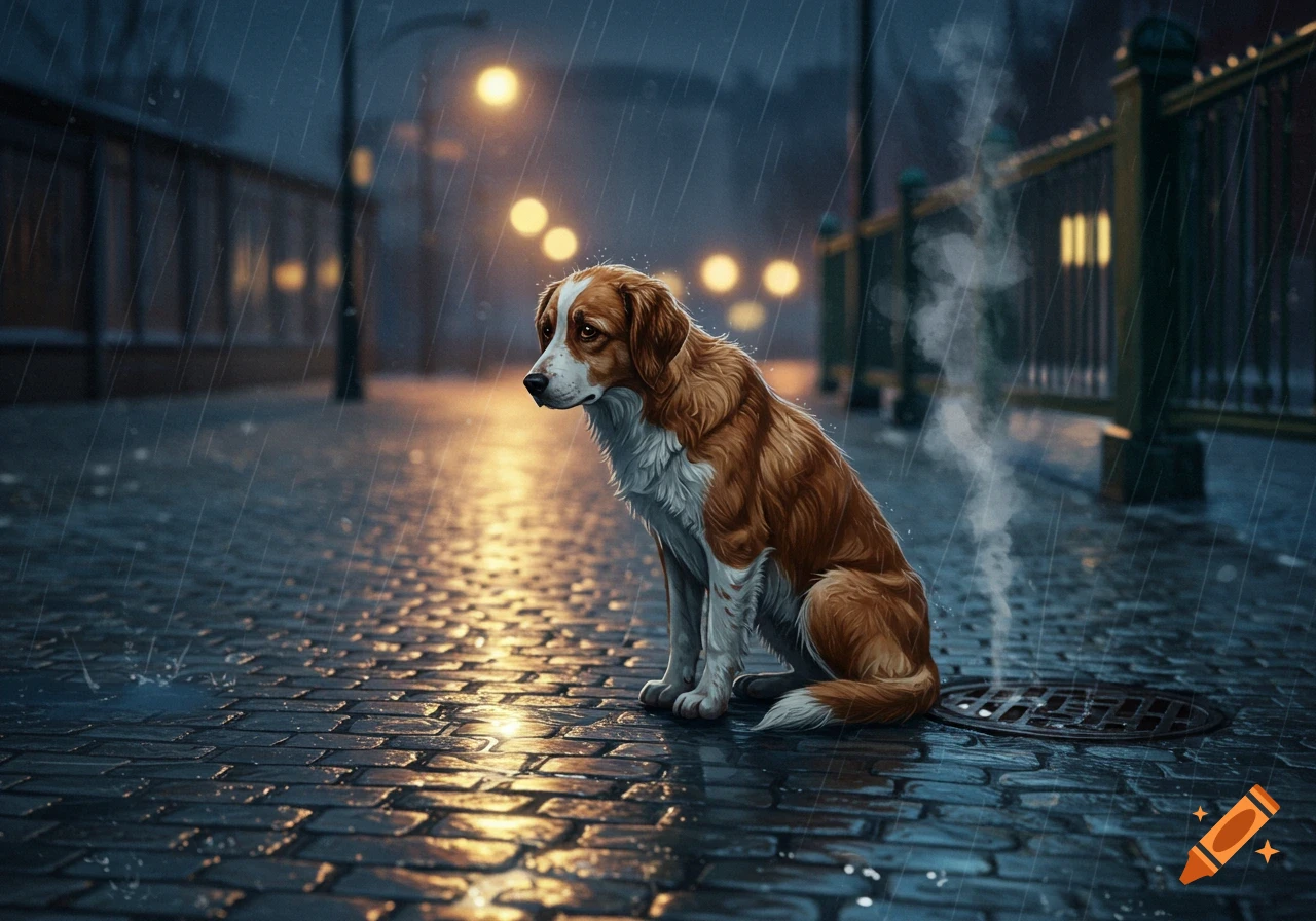 A sad brown and white dog sits alone on a wet cobblestone street in the pouring rain at night, illuminated by distant streetlights.