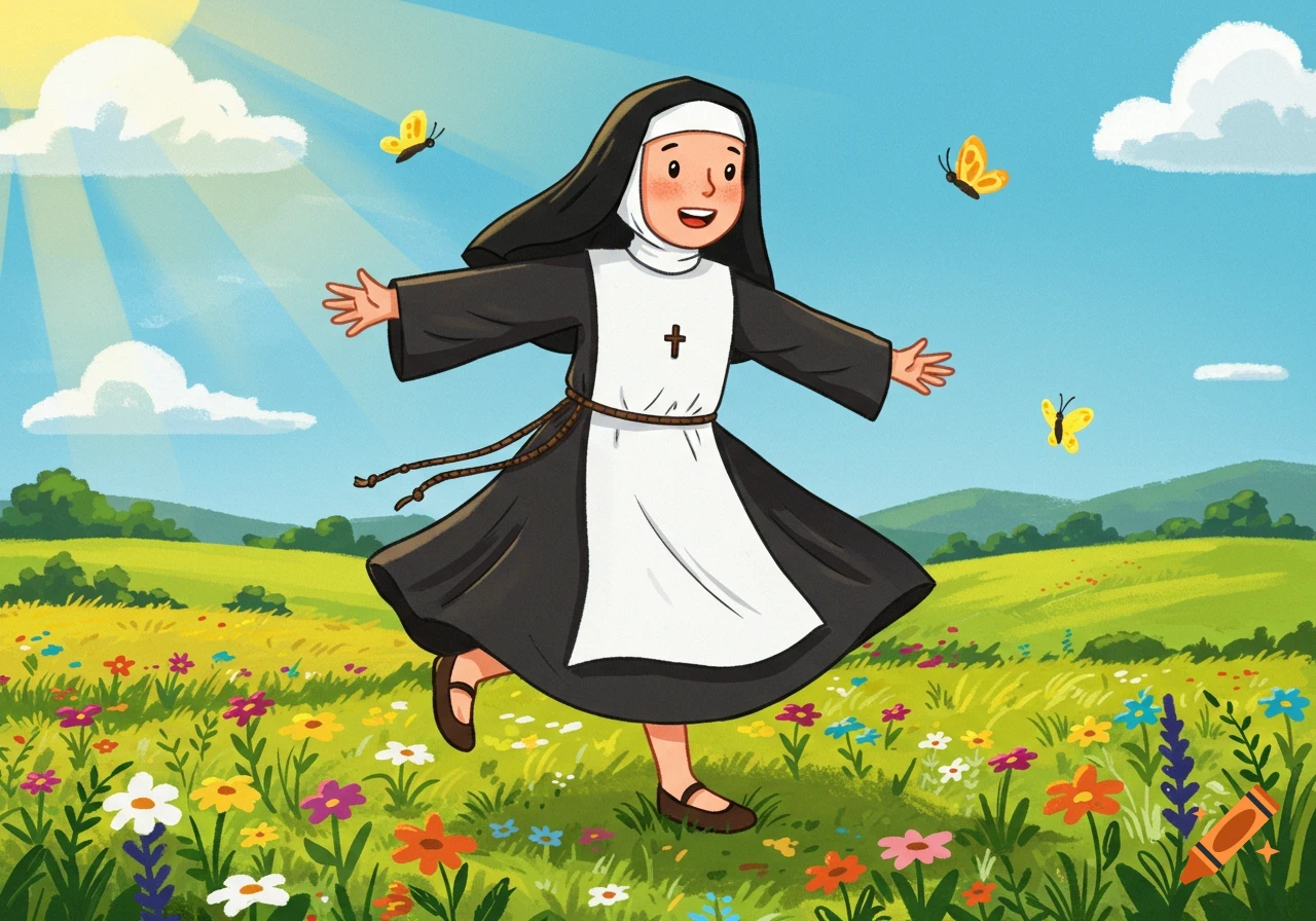 Cartoon Dominican nun joyfully dancing in a vibrant, sunny field of wildflowers with butterflies.