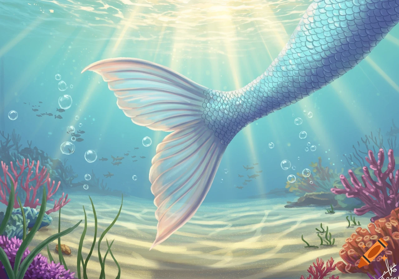 An illustration of a blue-scaled mermaid tail with a flowing fin, seen underwater with sunlight streaming through the surface, surrounded by coral and small fish.